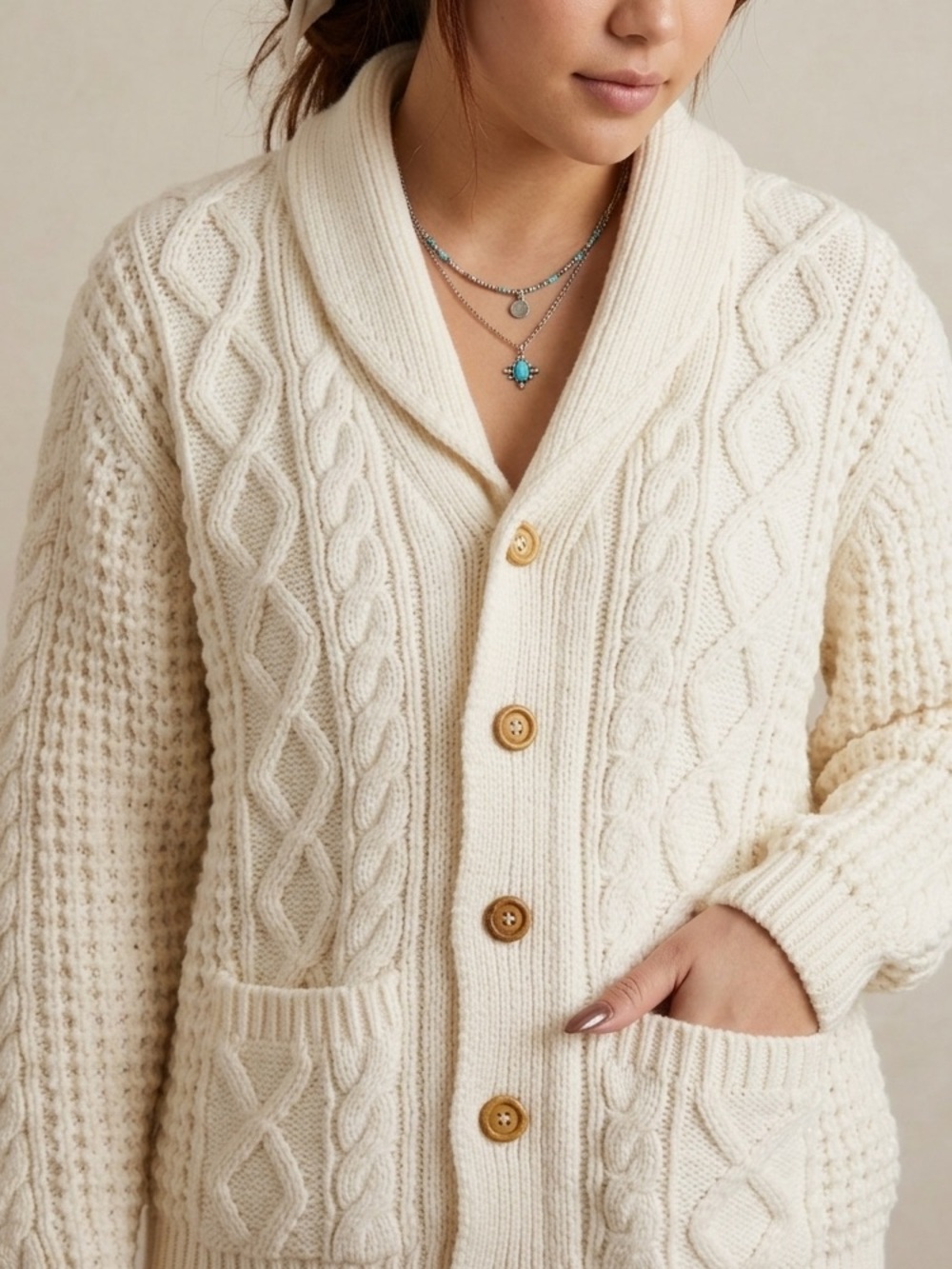 WIND JAMMER Vintage Ivory Fisherman Shawl Collar Cable Knit Cardigan